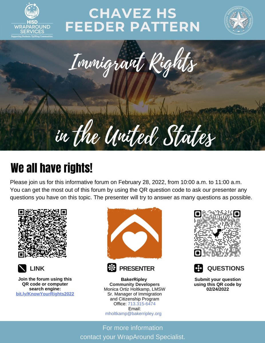 <a href="/AraceliMedinaW1/">Araceli Medina Wraparound</a>·8m🗣 Know your immigration rights forum on 2.28 at 10am. Learn about your immigration rights. Submit your questions here: 
Conosca sus derechos de inmigración 2.28.22 a las 10 a.m. Aprenda sobre sus derechos de inmigración. Envíe sus preguntas aquí: @lewiseshisd