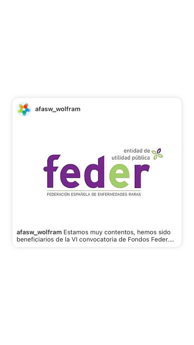 afasw_wolfram's tweet photo. Estamos muy contentos, hemos sido beneficiarios de la VI convocatoria de Fondos Feder. @feder_ong
Gracias a la ayuda de tod@s, cada día estamos más cerca💜 #afasw #sindromedewolfram https://t.co/c63RXpOTTF