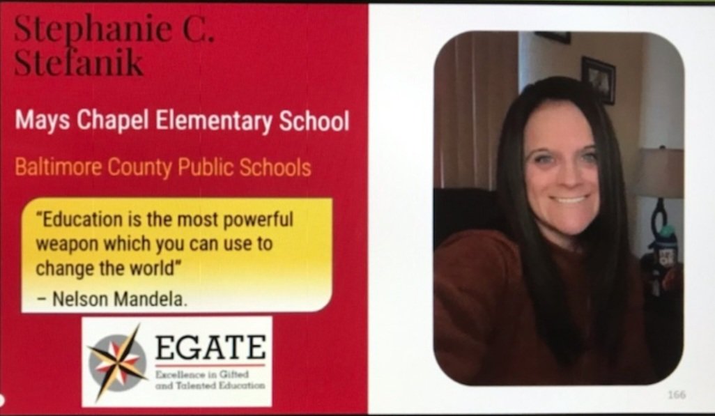 Congratulations to <a href="/MrsStefanik/">MrsStefanik99</a> on her Excellence in Gifted And Talented Education award! <a href="/Team_MCES/">Mays Chapel ES</a>