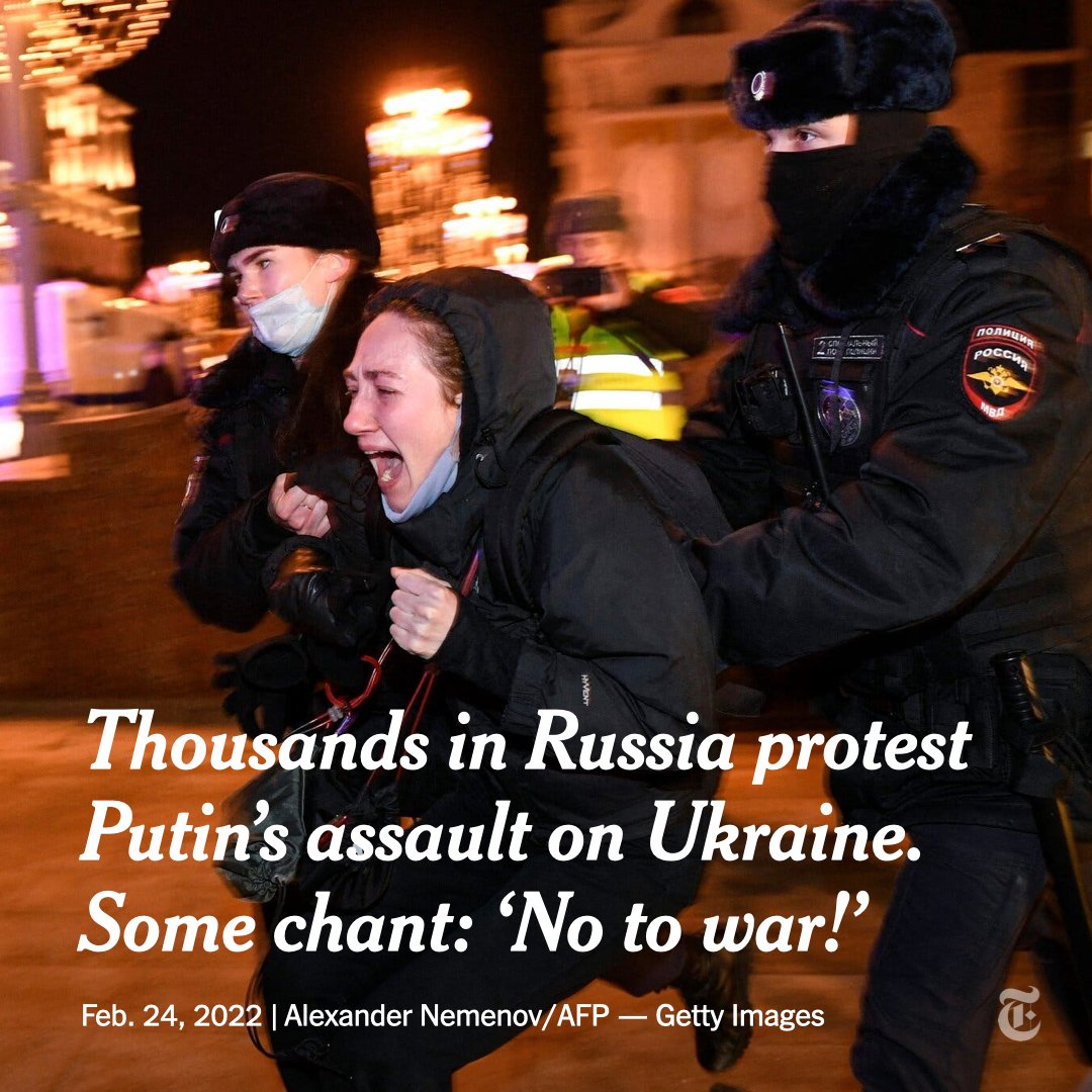 Thousands of protesters took to the streets of Russian cities on Thursday to protest President Vladimir Putin’s decision to invade Ukraine. The police detained more than 600 people in Moscow alone, according to a rights group. nyti.ms/3BLEEhk