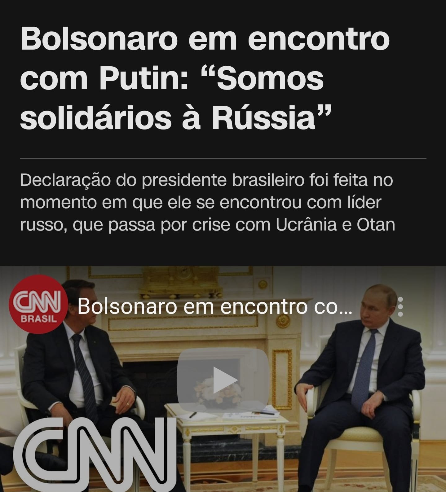 “Somos solidários à Rússia”, diz Bolsonaro a Putin