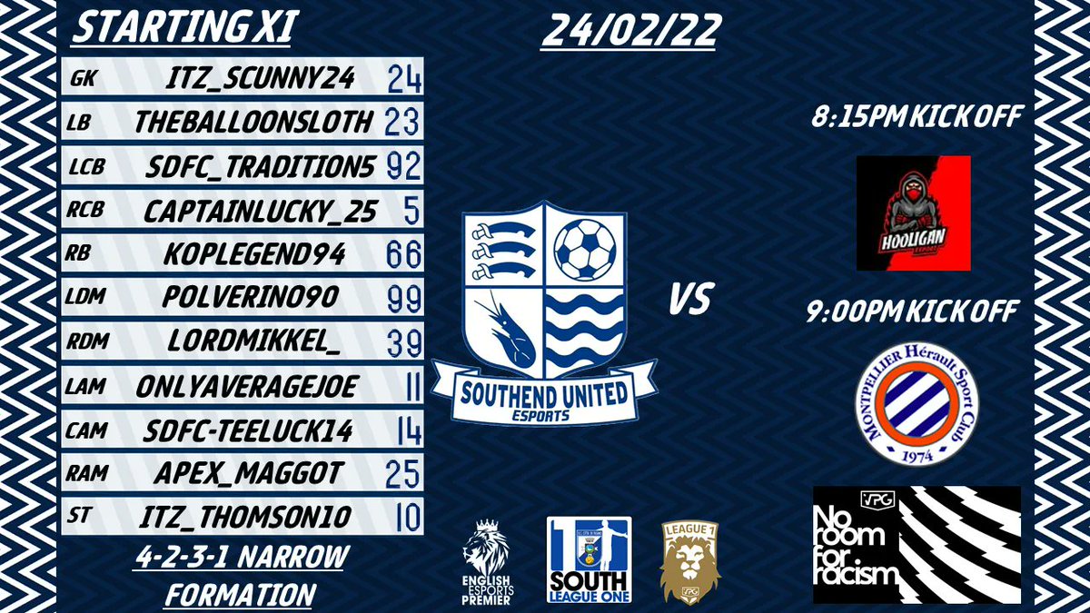 Southend United eSports (@southendesports) on Twitter photo <a href="/SouthendeSports/">Southend United eSports</a> have 2 HUGE games tonight
Vs <a href="/HooliganEs2/">Hooligan Esports</a> at 815
Vs <a href="/MontpellierHSC/">MHSC</a> at 9pm
All kick offs are subject to GMT
#Blues ๐ต๐ต <a href="/SouthendeSports/">Southend United eSports</a> have 2 HUGE games tonight
Vs <a href="/HooliganEs2/">Hooligan Esports</a> at 815
Vs <a href="/MontpellierHSC/">MHSC</a> at 9pm
All kick offs are subject to GMT
#Blues ๐ต๐ต