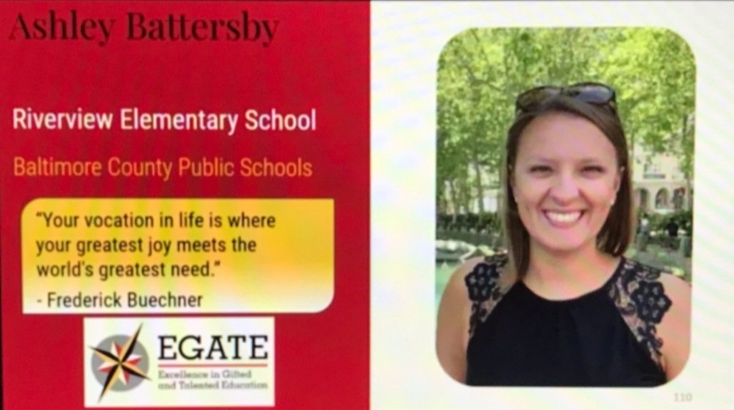 Congratulations to <a href="/MsBattersbyBCPS/">Miss Battersby</a> on her award for Excellence in Gifted And Talented Education! <a href="/Riverview_ES/">Riverview_ES</a>