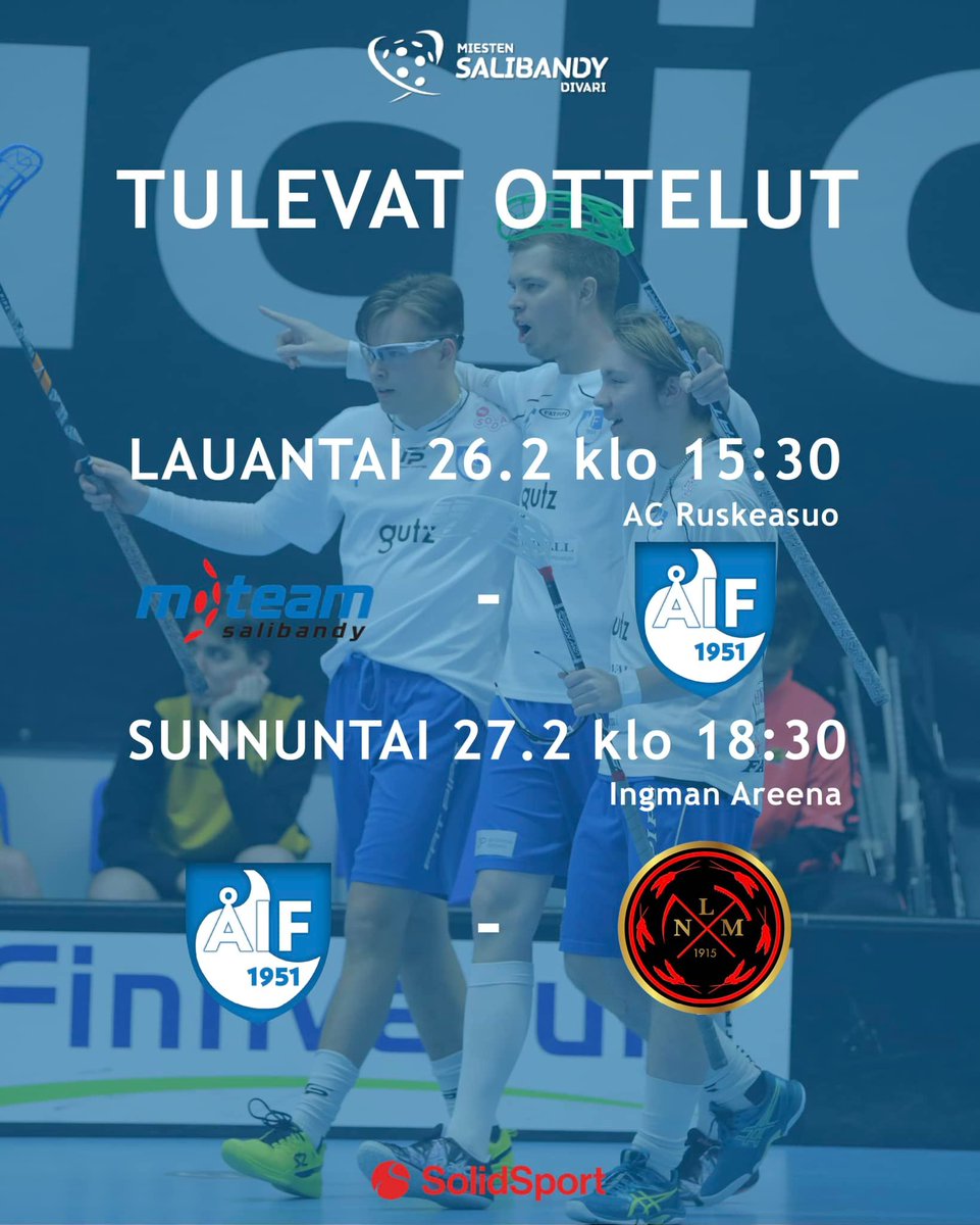 6 pistettä jaossa!
La 26.2 klo 15.30 Ruskeasuolla vastassa M-Team. Viimeinen kotipeli su 27.2 klo 18.30 LNM vastaan!

Tervetuloa kannustamaan ÅIF miehet voittoon💙
Ingman Areenalla on maskisuositus.
Pelit myös solidsport.com/aif
📸 Iiro Karesniemi
#viäråif #divari #salibandy