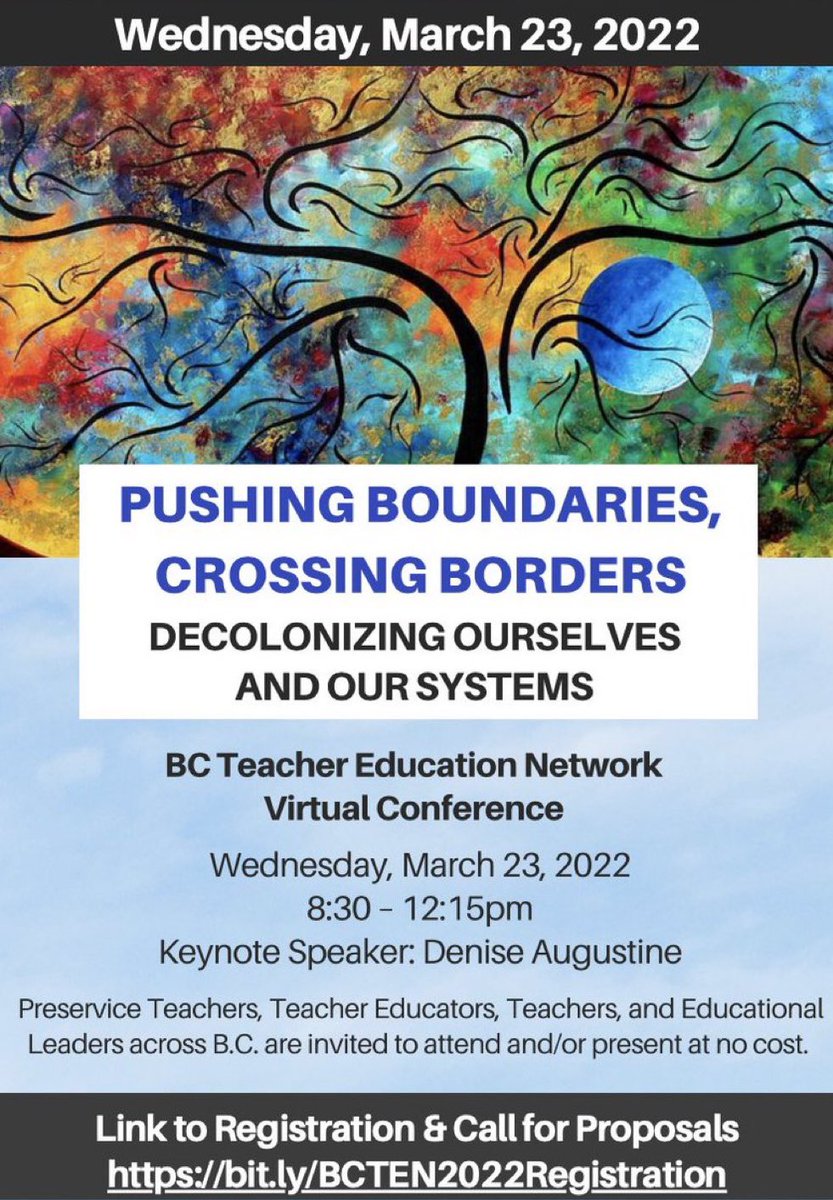 #BCTEN Virtual Conference is happening on Wednesday, March 23, 2022, from 8:30am - 12:15pm. Sign up and register. Call for proposals are still open. THEME: Pushing Boundaries, Crossing Borders: Decolonizing Ourselves and Our Systems. 

REGISTER at bit.ly/BCTEN2022Regis…