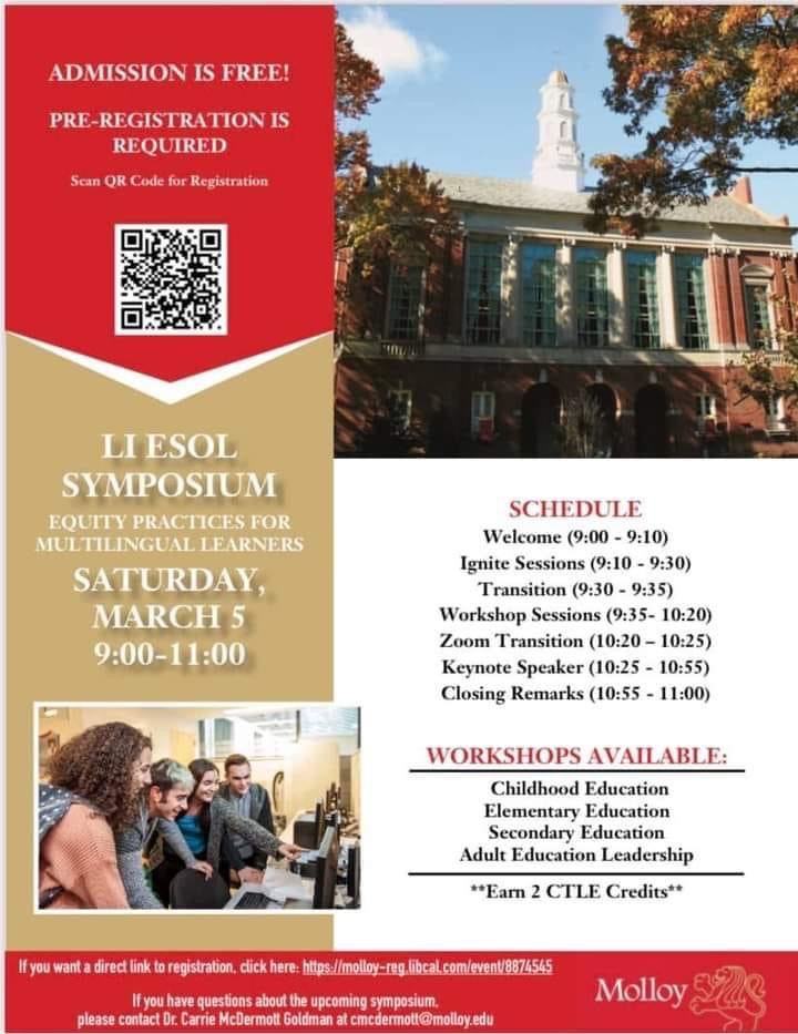 Please join us for an amazing FREE symposium on March 5th: Equity Practices for Multilingual Learners! Keynote address NYS TESOL president @ChingChingLin2 Earn CTLE credits. #LIESOL2022 Register: molloy-reg.libcal.com/event/8874545 @NYSTESOL @MolloyCollege