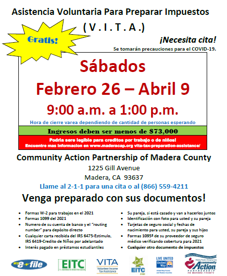 capmadera's tweet photo. FREE! / ¡GRATIS! 
Tax assistance at CAPMC every Saturday, starting February 26th - April 9th. Appointment is required, please call 2-1-1 or (866) 559-4211 to schedule one. Make sure to come prepared with all your documents! https://t.co/rVIEvpJsNA