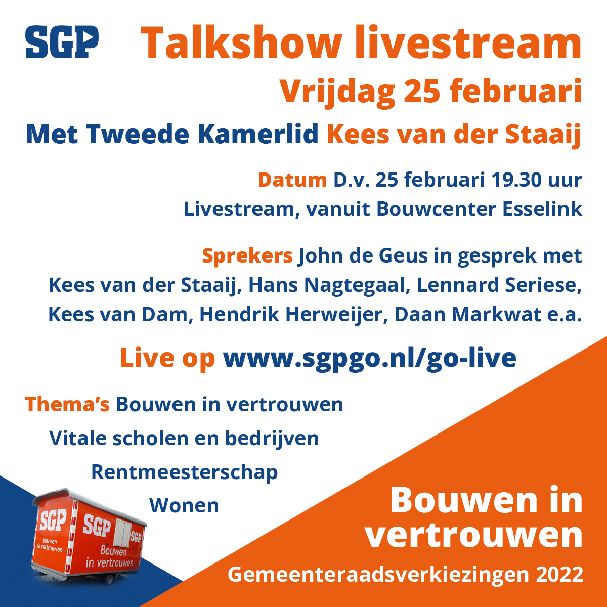 D.V. morgenavond is het zover! Onze live uitzending met actuele thema's die spelen tijdens de gemeenteraadsverkiezingen. Kijkt u mee?