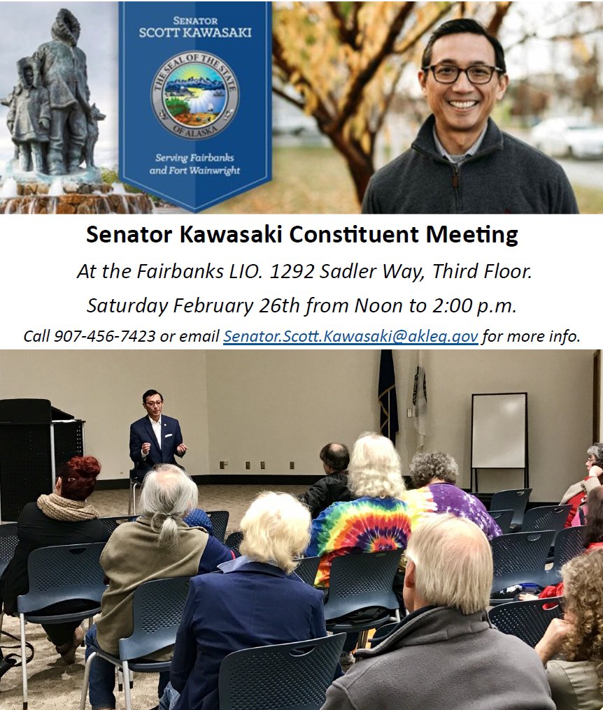 I am hosting a constituent meeting at the Fairbanks LIO this weekend and I hope to see you there. See the flyer below for more information. #akleg
