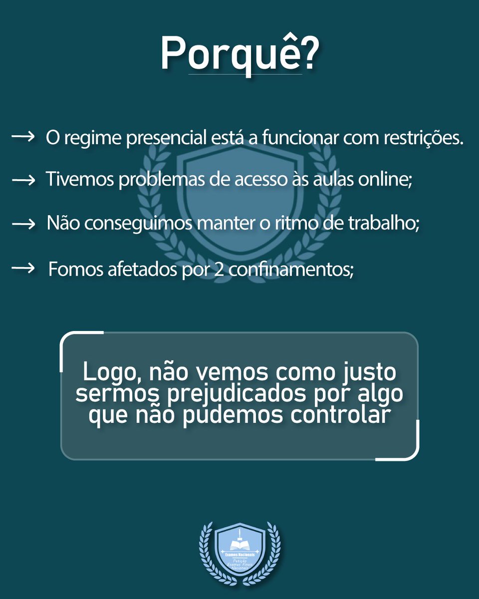 Exames_Finais's tweet photo. A turma de Direito da Escola Secundária Fernão de Magalhães vem requerer uma alteração quanto à obrigatoriedade dos Exames Finais Nacionais de 2022. Porquê? https://t.co/Gz94hpe9wK
