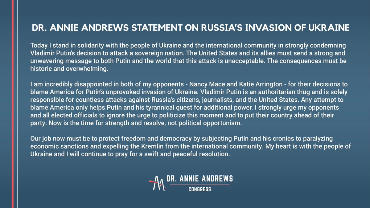 AnnieAndrewsMD's tweet photo. My full statement on Russia’s invasion of Ukraine: https://t.co/o3j0oDQLU1