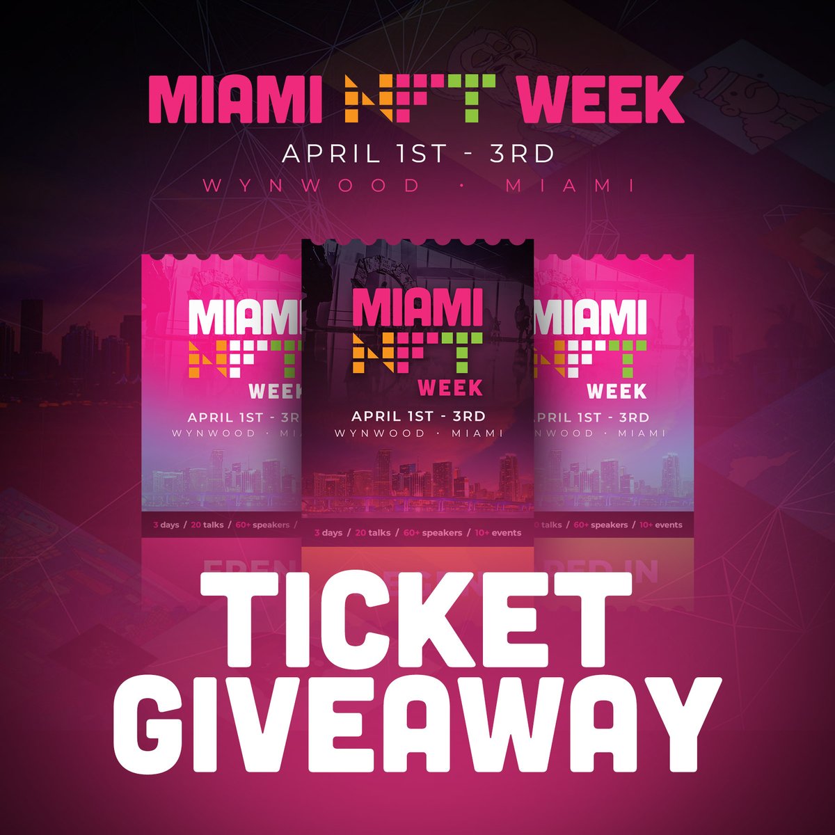 🔥Ticket Giveaway🔥 Miami #NFT Week!

Be part of the BIGGEST digital shift happening now in the world of Non Fungible Tokens 🚀

To win:

1⃣ Retweet &amp; ❤️ + tag 3 friends
2⃣ Follow <a href="/MiamiNFTweek/">#MiamiNFTWeek</a> 

Winner will be selected in 72hrs  🥳

#NFTGiveaway #NFTartists #NFTCommumity #nfts