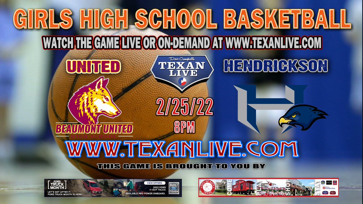 Texan_Live's tweet photo. Regional Semi Finals
WATCH THIS GAME LIVE
Beaumont United vs Hendrickson
Girls Basketball
@proftomvenne on the call
Friday 2/25/2022
Coverage begins at 8PM
For the Live Link click here: https://t.co/eFW5UIvd7J
@TXHSGBB @DCTBasketball @Lady_Hawk_Hoops @UnitedGBB @kfdmsports https://t.co/fIIGJM2m7B