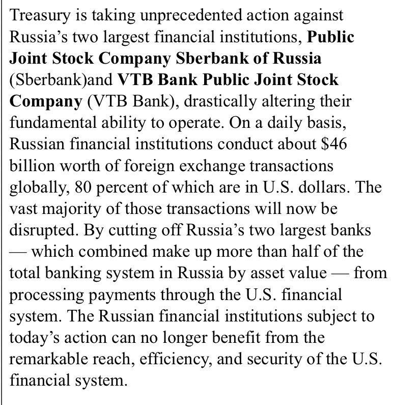 jason_corcoran's tweet image. US Treasury has just unleashed a huge torpedo at Russia's financial system. Sberbank and VTB, which represent more than HALF of all Russian deposits, will be banned from settling payments in dollars$.