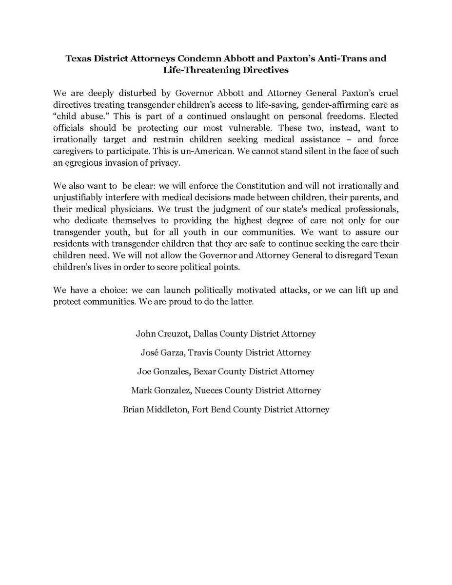 District Attorneys in five of the largest Texas counties say they will refuse to comply with Abbott's order to prosecute the parents of trans kids.

"We want to ensure our residents with transgender children that they are safe to continue seeking the care their children need."
