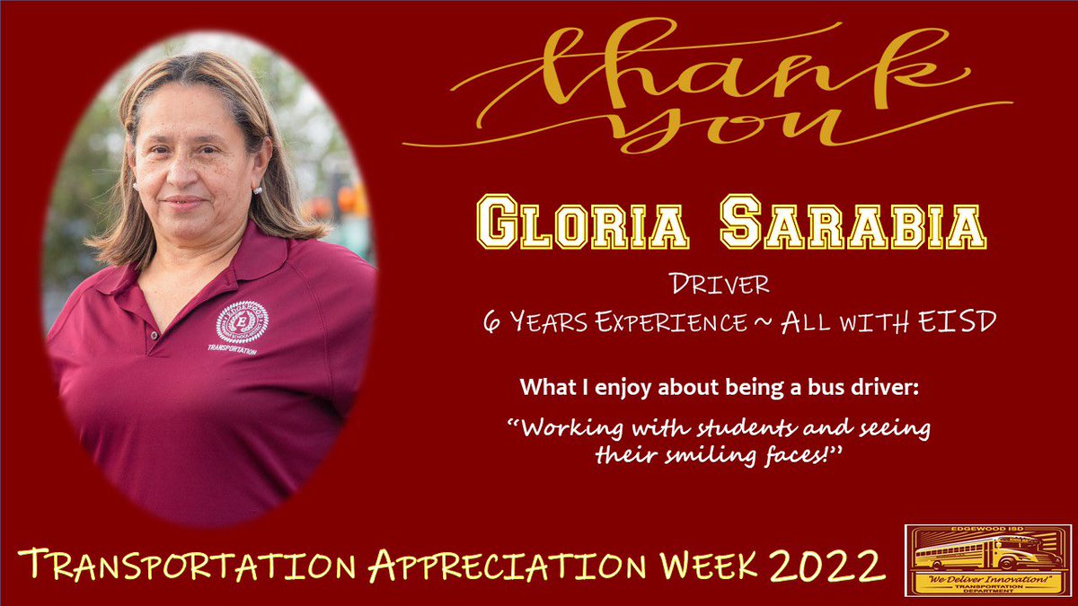 EISD_Transport's tweet photo. Day 4 of our Showcase of Commitment continues! Shout out to Ms. Gloria who always makes her student welcomed and loved on her bus! #DetailsMatter #ThankYou #WeSeeYou #BecauseWeGetTo #TeamWork @EISDofSA @DrH_OnTheEdge @WeGoPublic @SACharterMoms https://t.co/iSLZ80lHBx