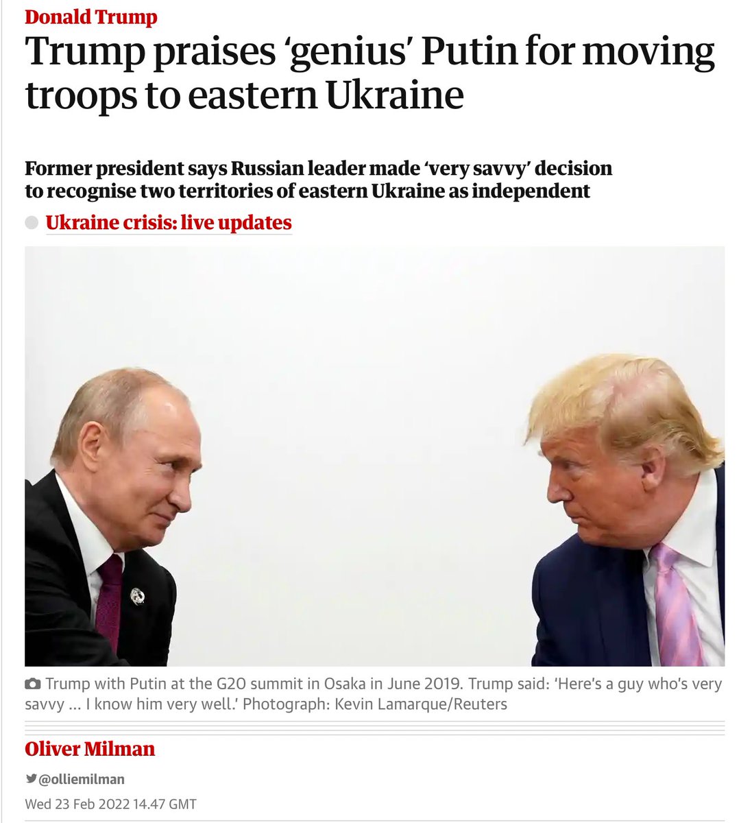 As we said after Joe Biden was elected this @ScottBentonMP tweet hasn't aged well. Implication was Trump would be a better friend. That's the same Trump who this week called Putin a 'genius' and 'savvy' re Ukraine invasion. Today Scott went after Biden again. #DontBetOnBenton