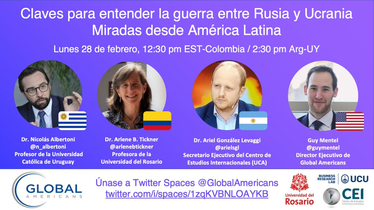 GlobalAmericans's tweet image. Únase a nuestro Twitter Space para escuchar las perspectivas desde América Latina sobre la invasión rusa a Ucrania. Conversaremos con @n_albertoni, @arlenebtickner, @arielsgl y @guymentel.

⏰ Lunes 28 de febrero a las 12:30 pm EST
⏩