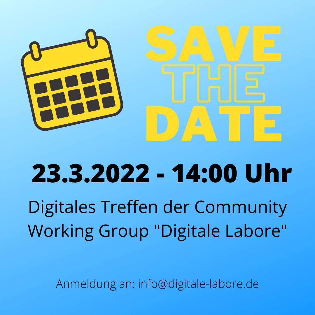 DigitaleLabore's tweet image. 🚨News🚨
Das nächste digitale Treffen der Community-Working-Group "Digitale Labore" findet am 23.3.2022 statt - Anmeldung per DM oder per E-Mail