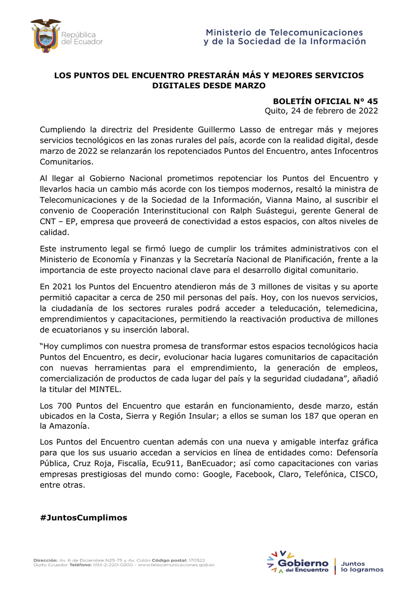 #BoletínMintel | Los #PuntosDelEncuentro💻 prestarán más y mejores servicios digitales desde marzo.

Conoce aquí los detalles.➡️ bit.ly/3seZv9J

<a href="/vmaino/">Vianna Maino</a>