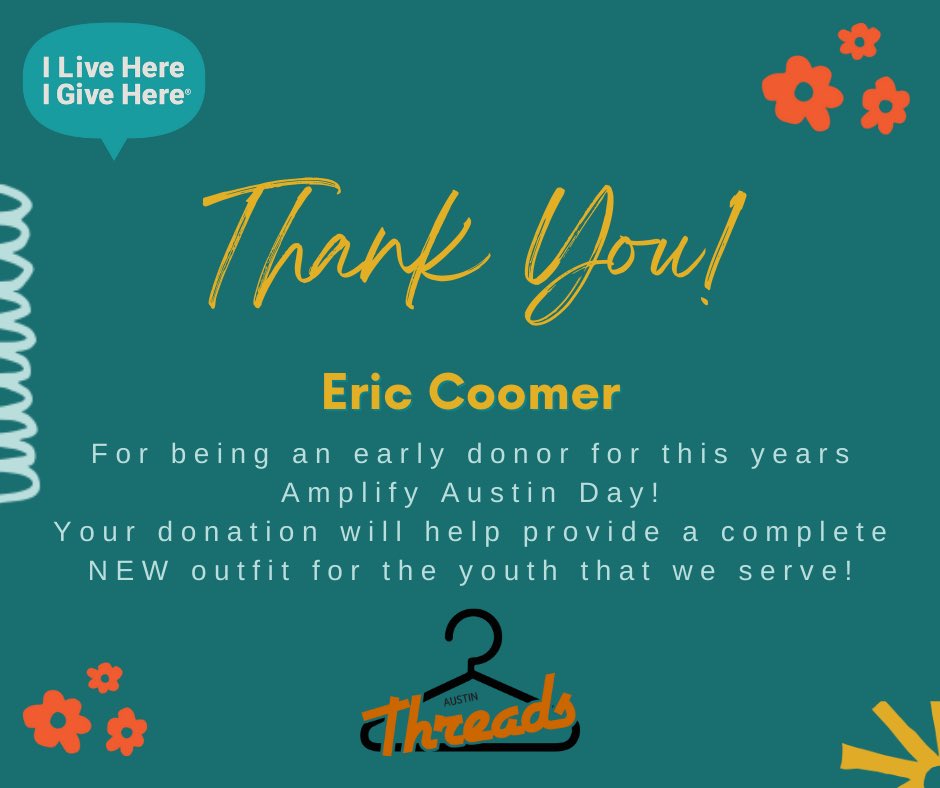 Austin_Threads's tweet photo. Austin Threads would like to give a big THANK YOU to Eric Coomer, for being an early donor for this years #AmplifyAustin Day! We couldn’t do what we do without donors like you! #ThankYou #ILiveHereIGiveHere #AustinThreads #AustinCommunity https://t.co/9WMcPgwB5I