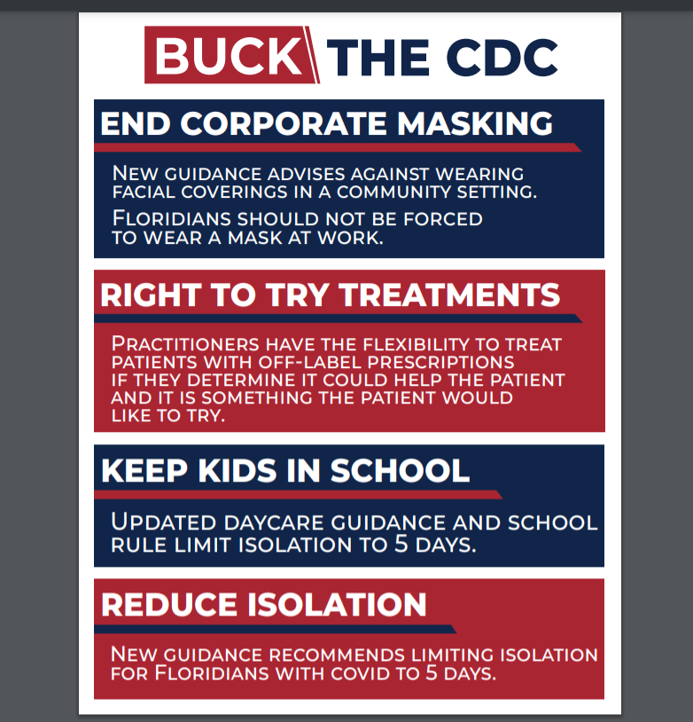 kylamb8's tweet image. Buck the CDC. @GovRonDeSantis and @FLSurgeonGen announce significant changes to COVID-19 guidance in Florida that pushes back on unscientific corporate masking, reducing isolation including in schools and daycares, and flexibility for practitioners in right to try with patients.