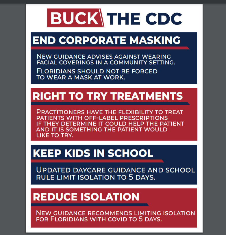 Buck the CDC. @GovRonDeSantis and @FLSurgeonGen announce significant changes to COVID-19 guidance in Florida that pushes back on unscientific corporate masking, reducing isolation including in schools and daycares, and flexibility for practitioners in right to try with patients.