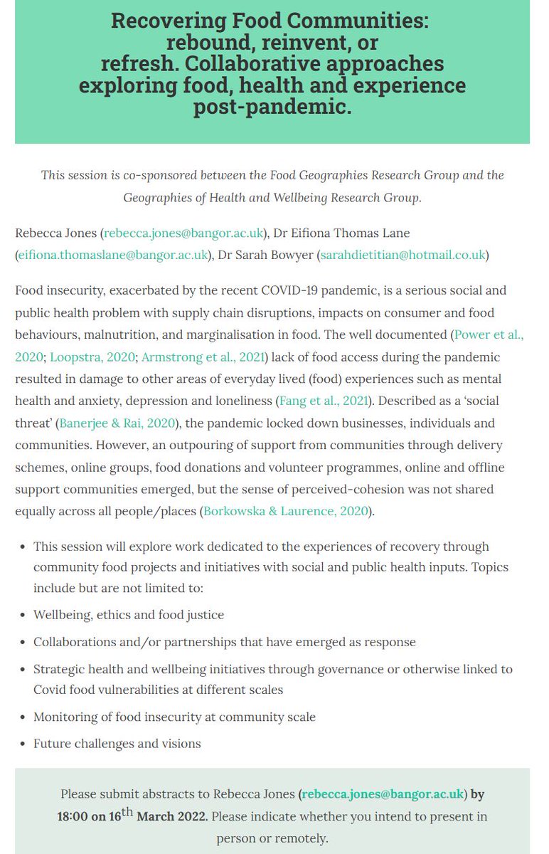 #CPF We are organising a session sponsored by <a href="/FoodGeog/">Food Geographies</a> and <a href="/GeogHealth/">Geographies of Health & Wellbeing Research Group</a> at the <a href="/RGS_IBG/">Royal Geographical Society (with IBG)</a> Annual Conference! Looking forward to discussing food, health, wellbeing and community recovery ⬇️