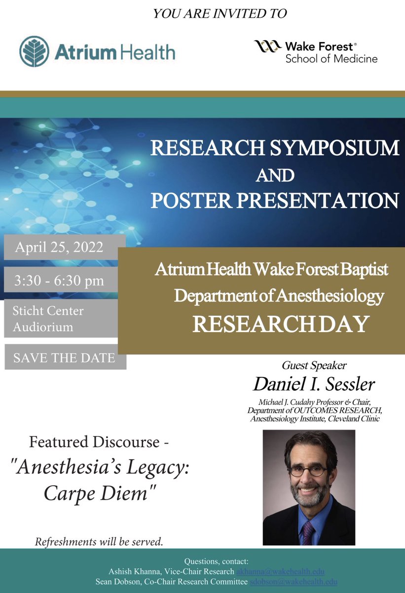 @WakeAnesthesia research day features someone who taught me most all of the art of clinical research. Not to be missed event! @ASALifeline @APSForg @SOCCA_CritCare @SCCM @AtriumHealthWFB @wakeforestmed @WFCTSI @WFBMI @PCORI @OutcomesRC @MPOGASPIRE @iars360 @bscottsegal