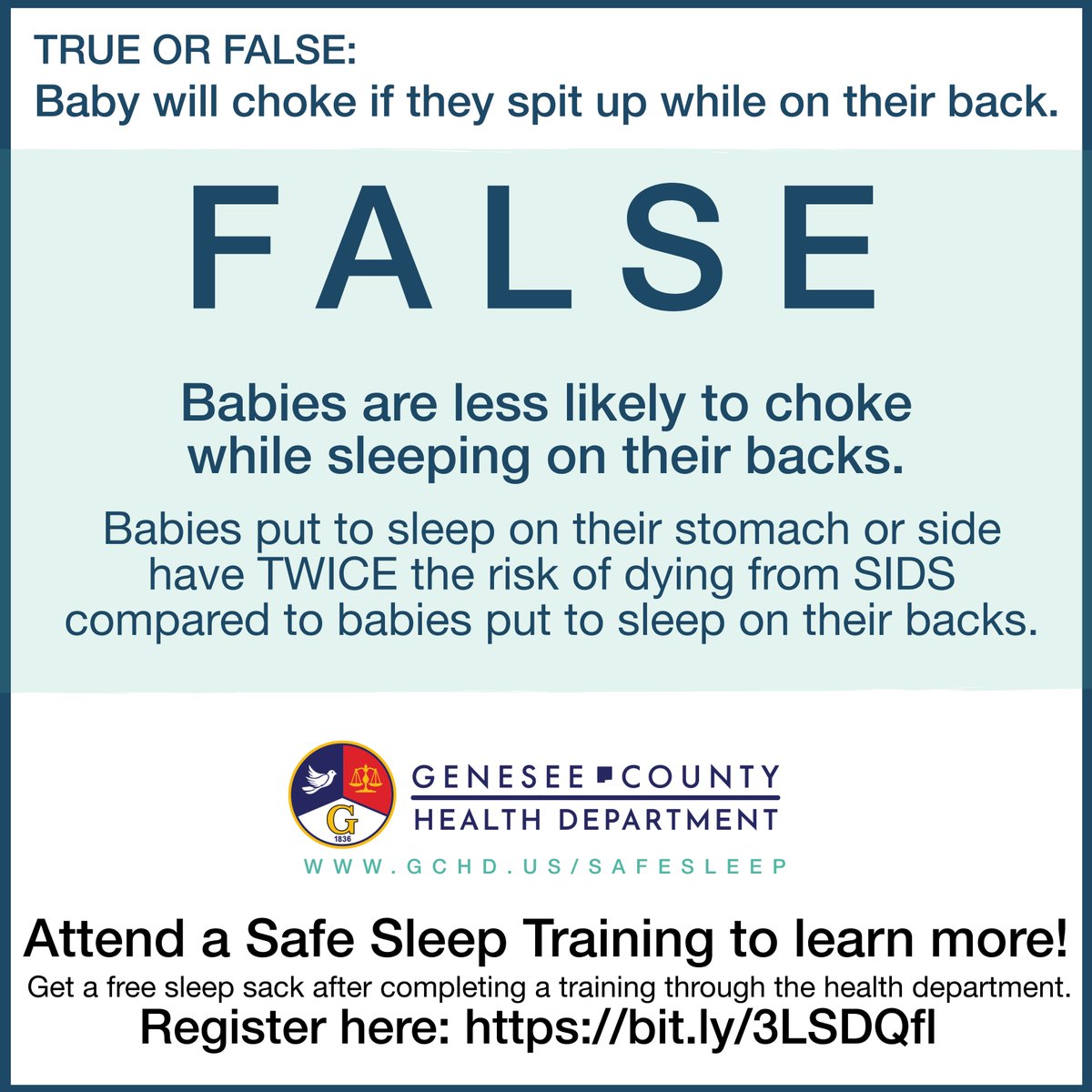 #DYK Babies are less likely to choke while sleeping on their backs. 
All parents have questions about #safesleep. Get your questions answered – register for a FREE, VIRTUAL safe sleep training* today: bit.ly/3LSDQfl
Find more info on safe sleep at gchd.us/safesleep