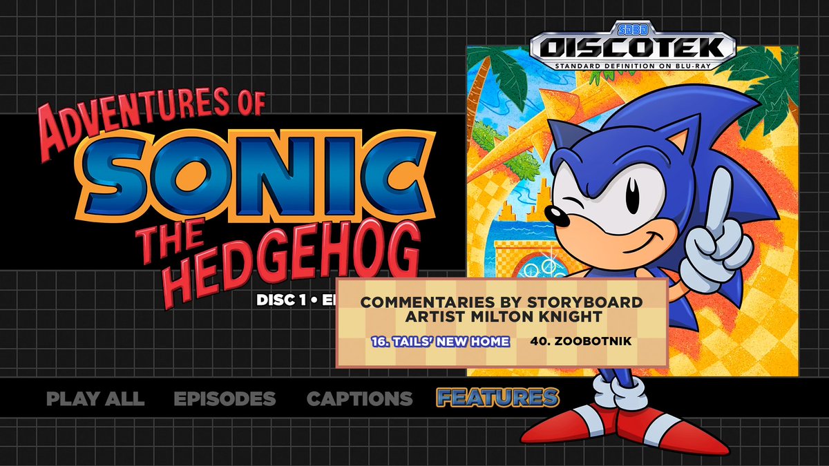 Discotek Media on X: Lots of extras for Sonic. Disc 1 has 2 commentaries  from @MiltonKnightAr1 Disc 2 has the Christmas special, the pilot &  production rushes from episode 1 w/ optional commentaries. Plus commercial  bumpers, TV commercials, & an art