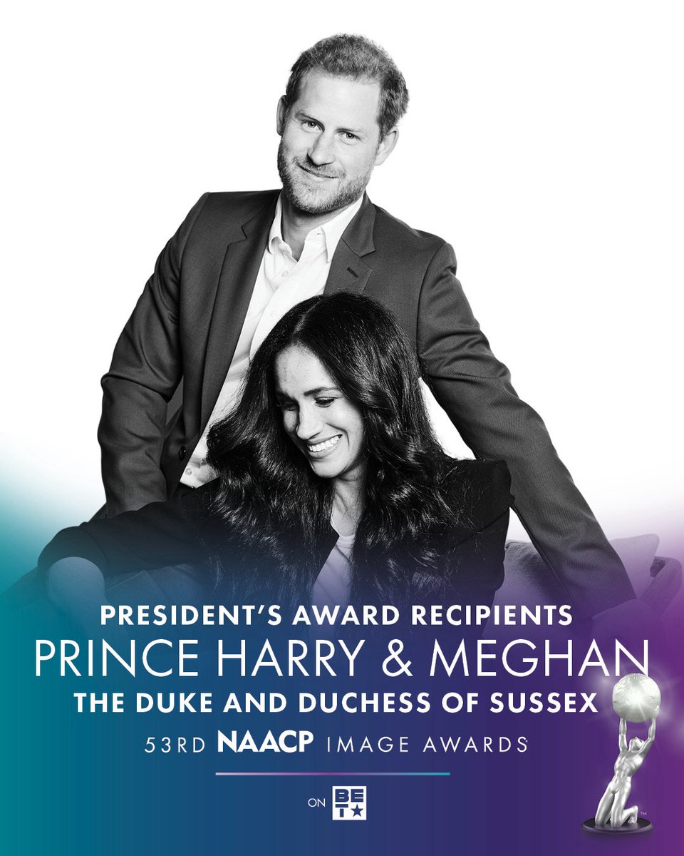 The 53rd NAACP Image Awards will honor humanitarians, global leaders, and co-founders of Archewell, Prince Harry and Meghan, The Duke and Duchess of Sussex, with the prestigious President's Award. 

@BET #Ourstories #Ourculture #Ourexcellence #NAACPImageAwards