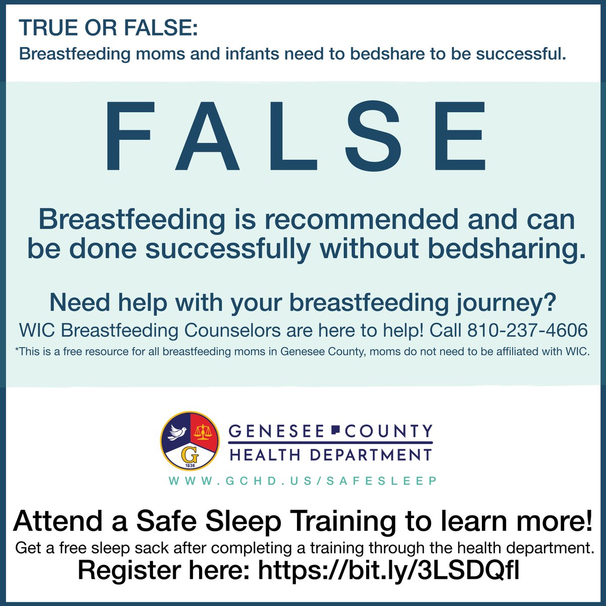 #DYK Breastfeeding can be done successfully without bed sharing. All parents have questions about #safesleep. Get them answered register for a FREE, VIRTUAL safe sleep training: bit.ly/3LSDQfl

Need breastfeeding help? Call (810) 237-4606 or visit gchd.us/breastfeedings…