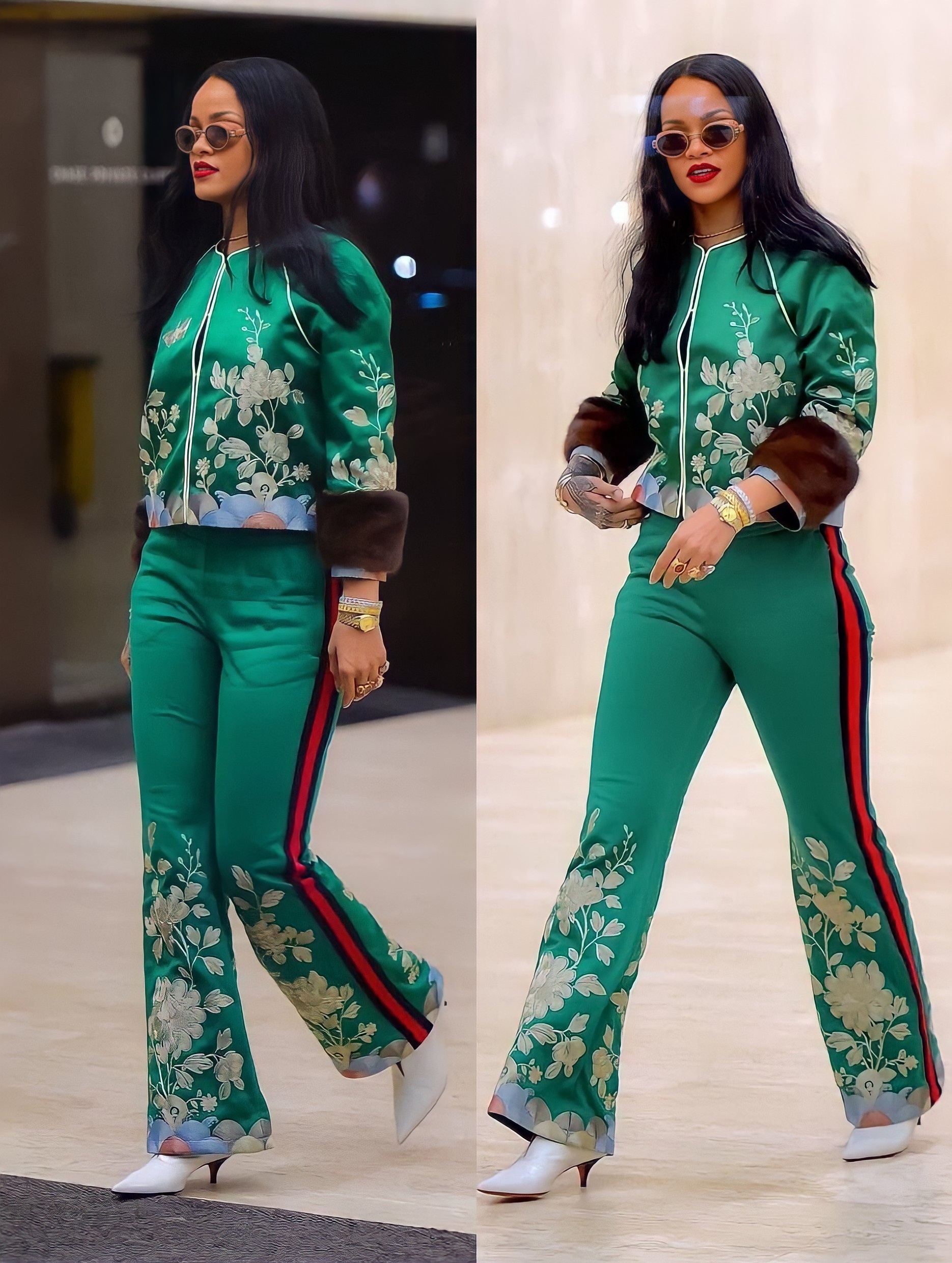 rihanna on "Rihanna in emerald green duchesse silk embroidered tracksuit / X