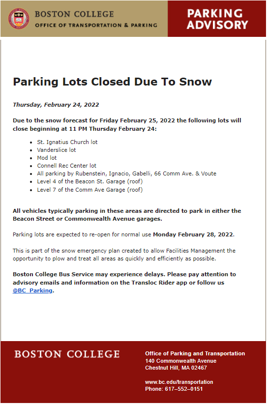 Boston College Academic Calendar 2022 Home - Transportation And Parking - Boston College