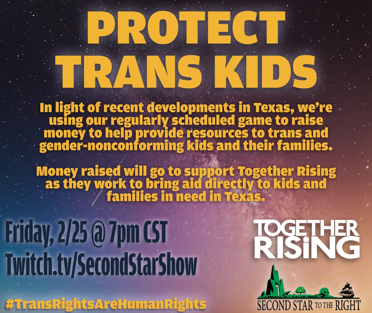 secondstarshow's tweet photo. PLEASE SHARE

Second Star supports the rights of the transgender community.  During Friday's game we're raising funds in support of trans and gender non-conforming kids in need in Texas.

We are partnering with @togetherrising to help make a difference (1)
https://t.co/HIT4HPst7M https://t.co/5gHLrism5O