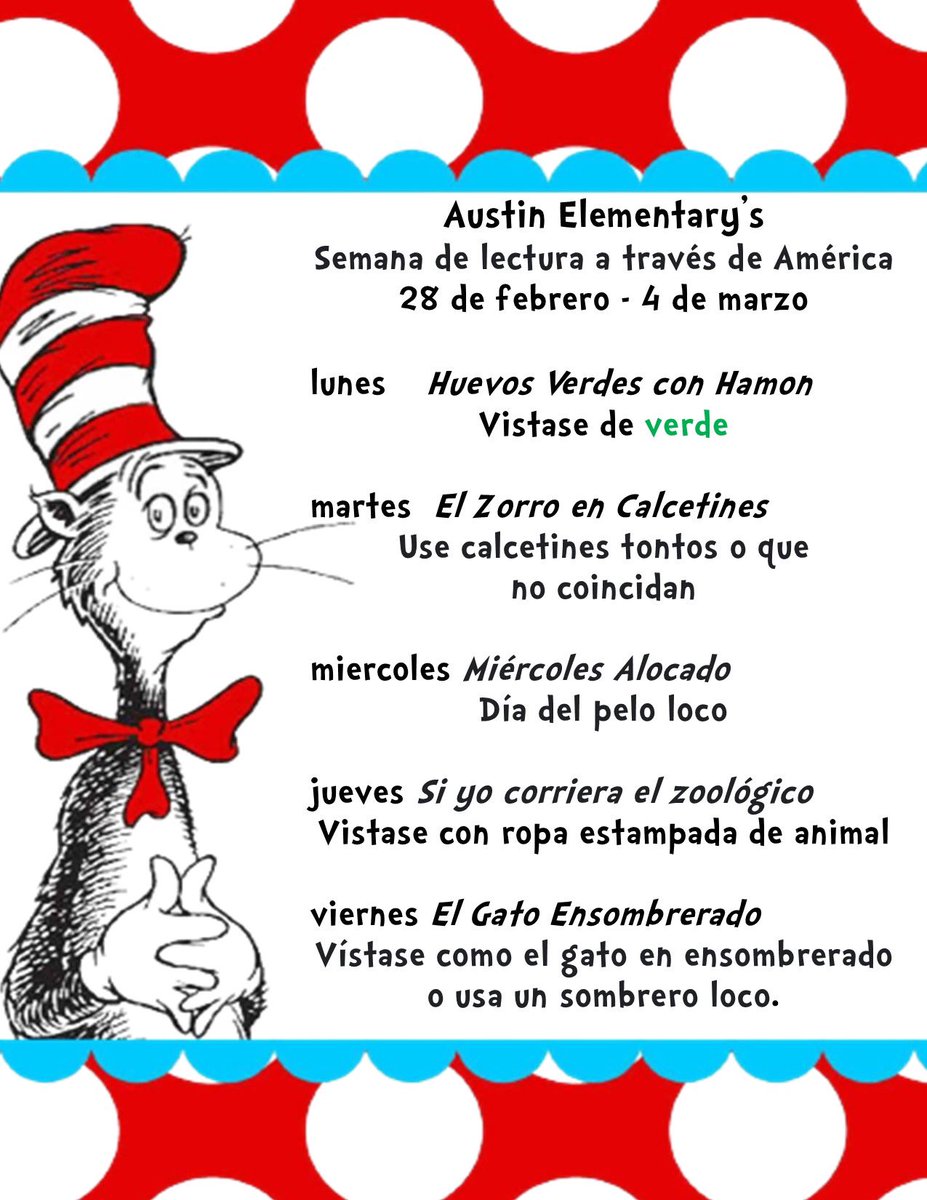 AustinCubs's tweet photo. Next week is Read Across America Week. Help your child explore their imagination and fun side by dressing up according to the themed days! 📚 https://t.co/aSEMrOjmMq