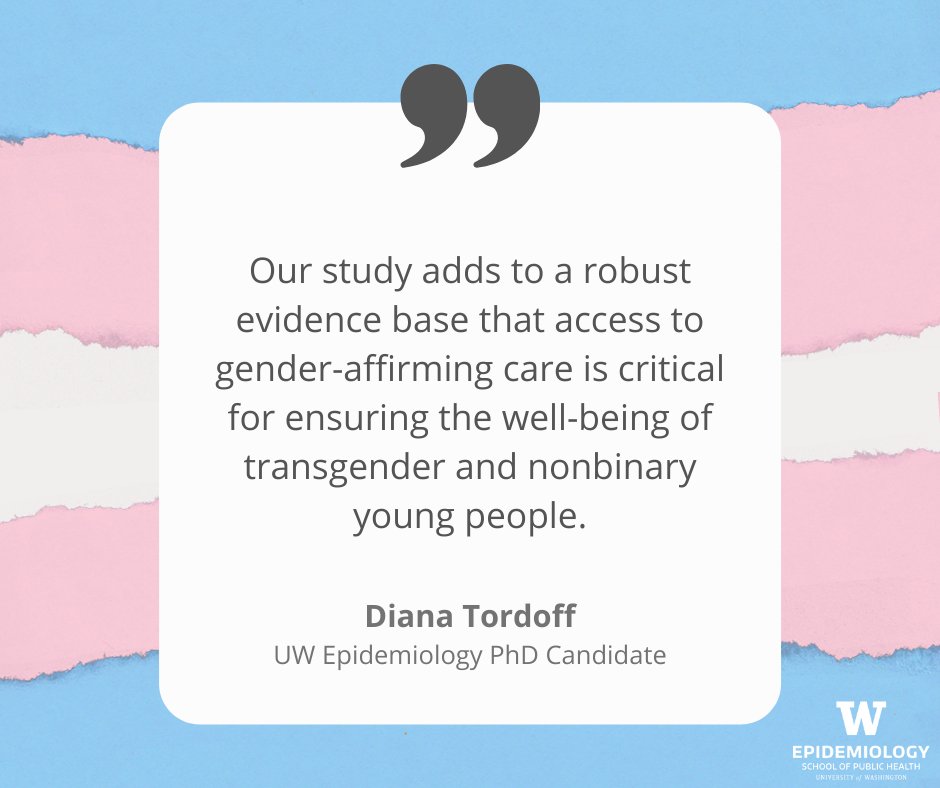 UW Epidemiology (@uwepidemiology) on Twitter photo New research in <a href="/JamaNetworkOpen/">JAMA Network Open</a> shows that transgender and nonbinary youth who received gender-affirming hormones or puberty blockers had 60% lower odds of depression and 73% lower odds of self-harm or suicidal thoughts. @DianaTordoff <a href="/uwsph/">University of Washington School of Public Health</a>
bit.ly/gender_affirmi… New research in <a href="/JamaNetworkOpen/">JAMA Network Open</a> shows that transgender and nonbinary youth who received gender-affirming hormones or puberty blockers had 60% lower odds of depression and 73% lower odds of self-harm or suicidal thoughts. @DianaTordoff <a href="/uwsph/">University of Washington School of Public Health</a>
bit.ly/gender_affirmi…