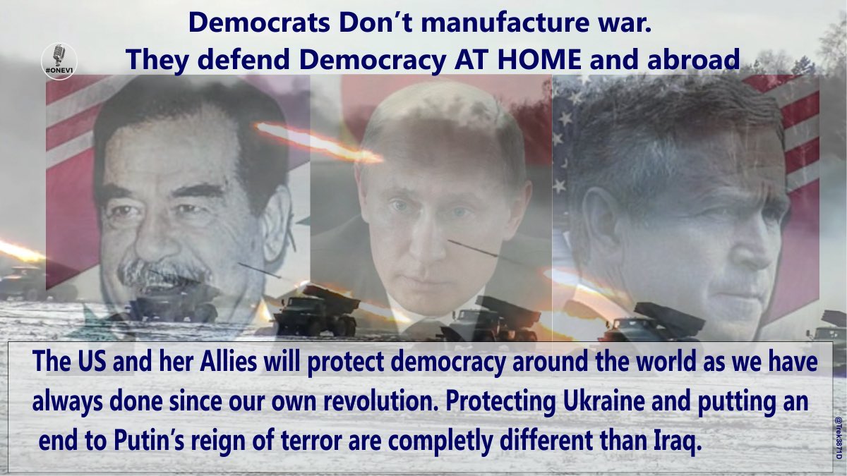 Democrats stand for transparent democracy at home & around the world.

This isn’t some manufactured war like the GOP invasion of Iraq.  We aren’t looking for something that doesn’t exist.

Our troops have defended democracy since this country was born.

#ONEV1
#OVArrow