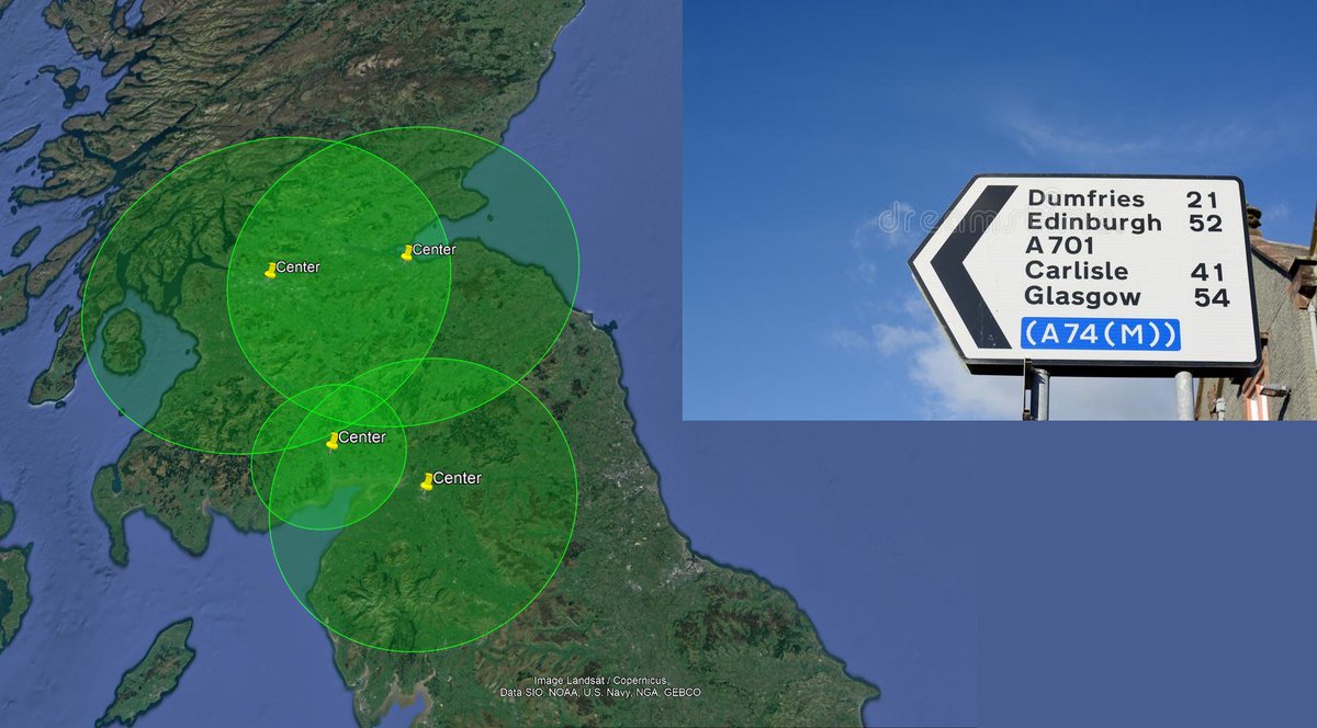 TomTomjarvis's tweet image. #Geolocation tip. Make circles of radius = distance on sign. The location of the sign will be in the area where all circles cross over. #OSINT
