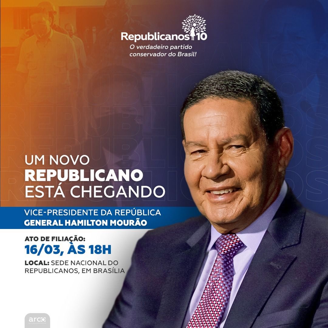 SF_Moro's tweet photo. Parabéns ao Vice-Presidente General Hamilton Mourão, uma voz sensata na República, pela filiação ao seu novo partido, o Republicanos, presidido pelo deputado federal Marcos Pereira. https://t.co/0NLn1RkdAa
