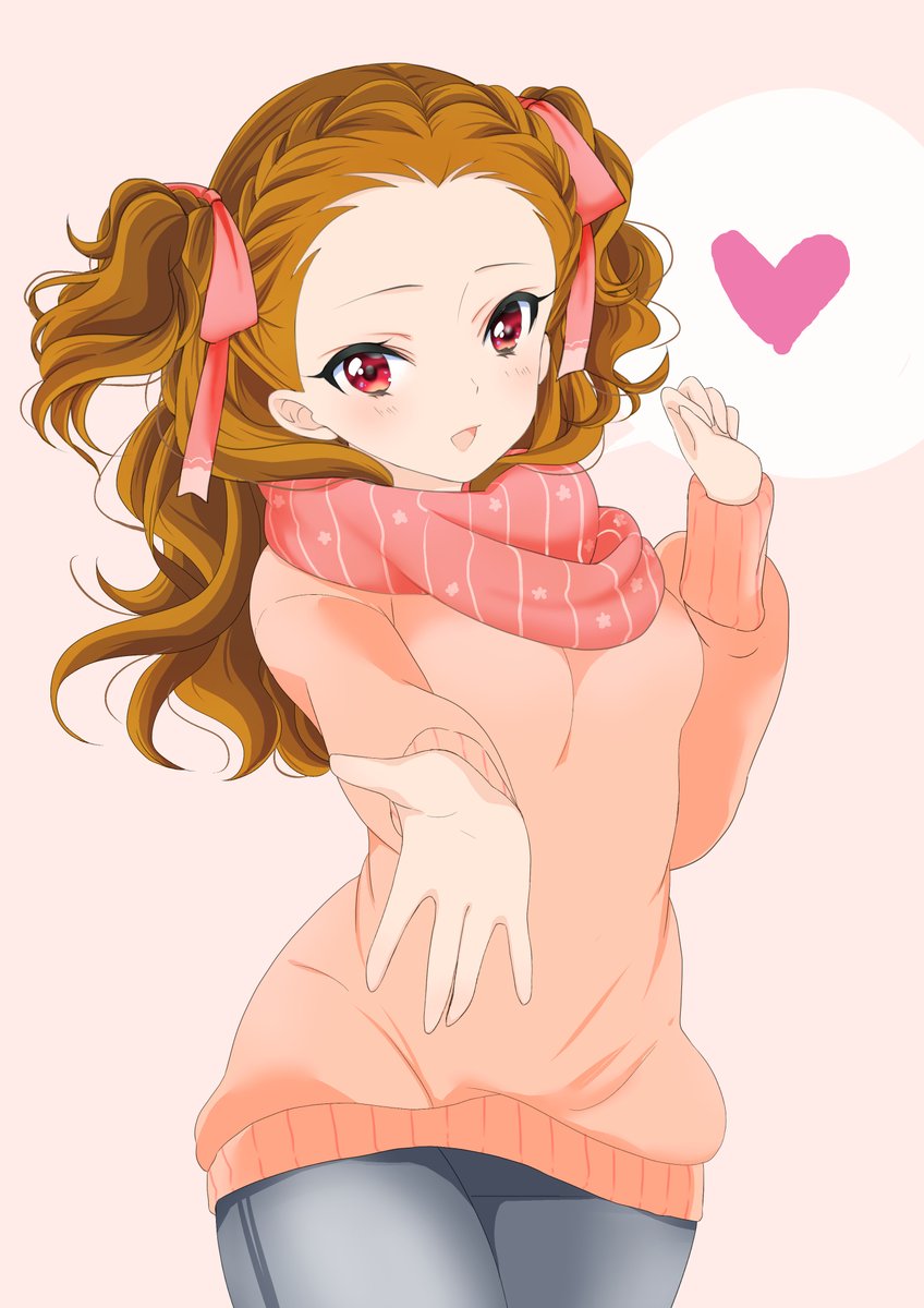 1girl solo brown hair red eyes long hair scarf heart  illustration images