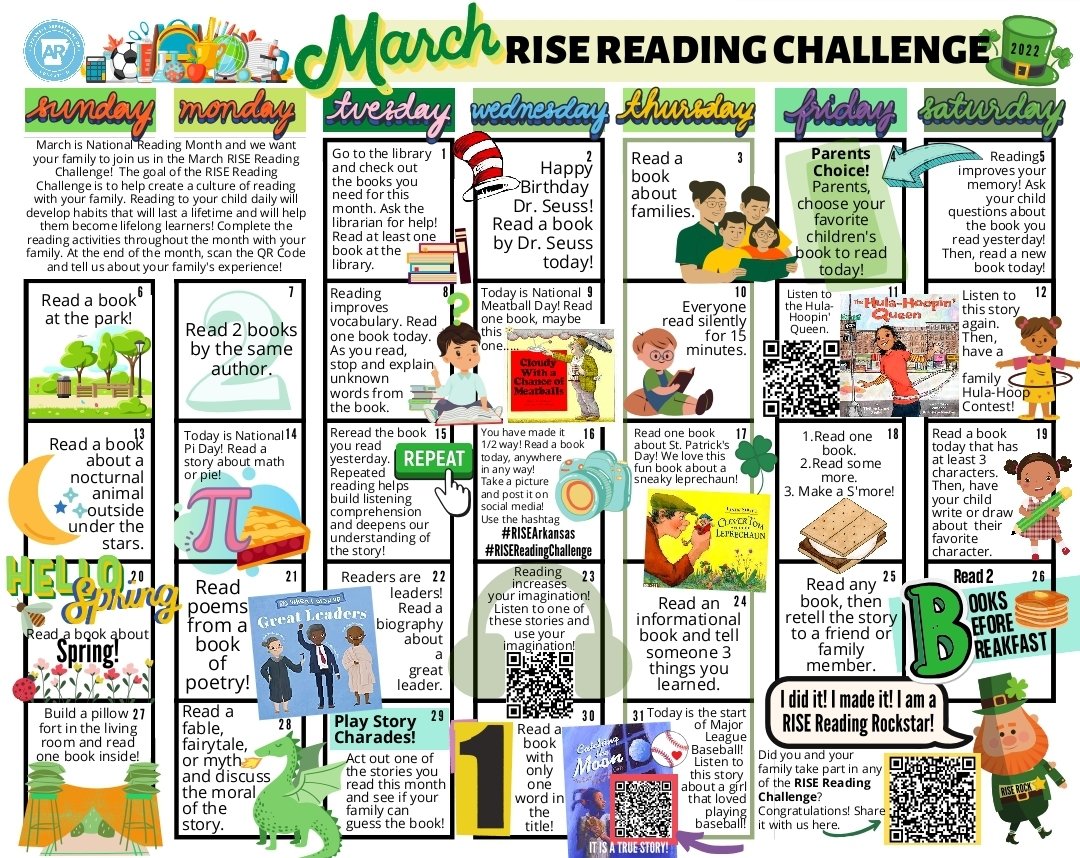 We are teaming up with <a href="/ARKRIVERESC/">Arkansas River ESC</a> to promote the RISE Reading Challenge! It is our goal to encourage reading in our community beginning March 1st! See the photo below for more details.