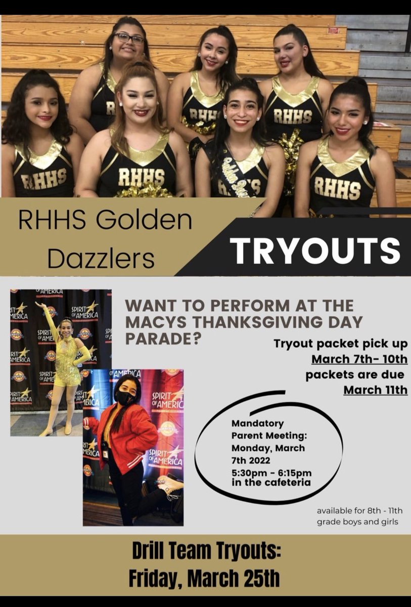 goldendazzlers's tweet photo. Golden Dazzlers Drill Team - Tryout Meeting.  Mark your calendars ~ Monday, March 7th @ 5:30 in RHHS Cafeteria. @RHHS_Bobcats @RHbaseballFAITH @RHISD_Athletics  @RHHS_Champs @RHMS_Bobcats @EmmaRaine22 https://t.co/W9imJdpqOw