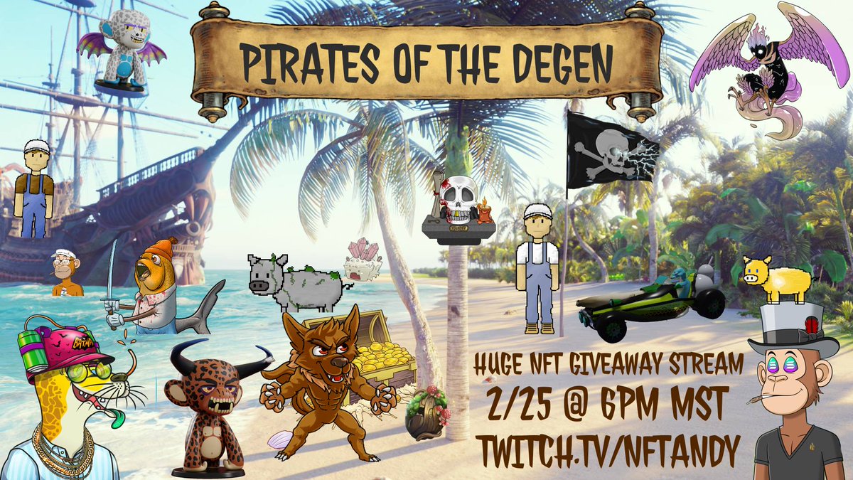 #Gamechanging #NFTGiveaway #twitch stream

8 NFT projects, 3 #blockchains, 1 stream, 37 WINNERS

<a href="/DegenPirates/">Pirates Of The Degen</a> 2 FOUNDER SKULLS
<a href="/SeaLionsNFT/">SeaLionsNFT</a> 1 SOL &amp; 1 #freemint
<a href="/dojofishnft/">Dojo Fish</a> 10 WL
<a href="/artmonkees/">ArtMonkees (🍌 ,🍌)</a> 2 NFTS
@SlaccSol 2 NFTS
<a href="/CryptureW/">CryptureWorld</a> 10 NFTS
<a href="/BarnyardNft/">Blockchain Barnyard MINTING FEB 20</a> 4 NFTS
<a href="/adazooNFT/">Play ADAZOO NOW!🕹️</a> 1 FOUNDERS NFT