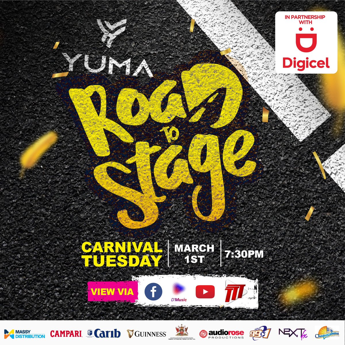 Ready up yuh Crew and sort yuh Drinks⠀
Road ➡️ Stage 2️⃣ is less than one week away!!!⠀
💻Streaming March 1st via our FB and YouTube, ⠀
<a href="/DigicelTT/">DigicelTT</a> FB and @dmusicapp ⠀
or⠀
📺Tune in to TTT <a href="/tttliveonline/">TTT Live Online</a> at 7:30pm⠀
2022⠀
⠀
🎉Vibes courtesy YUMA⠀