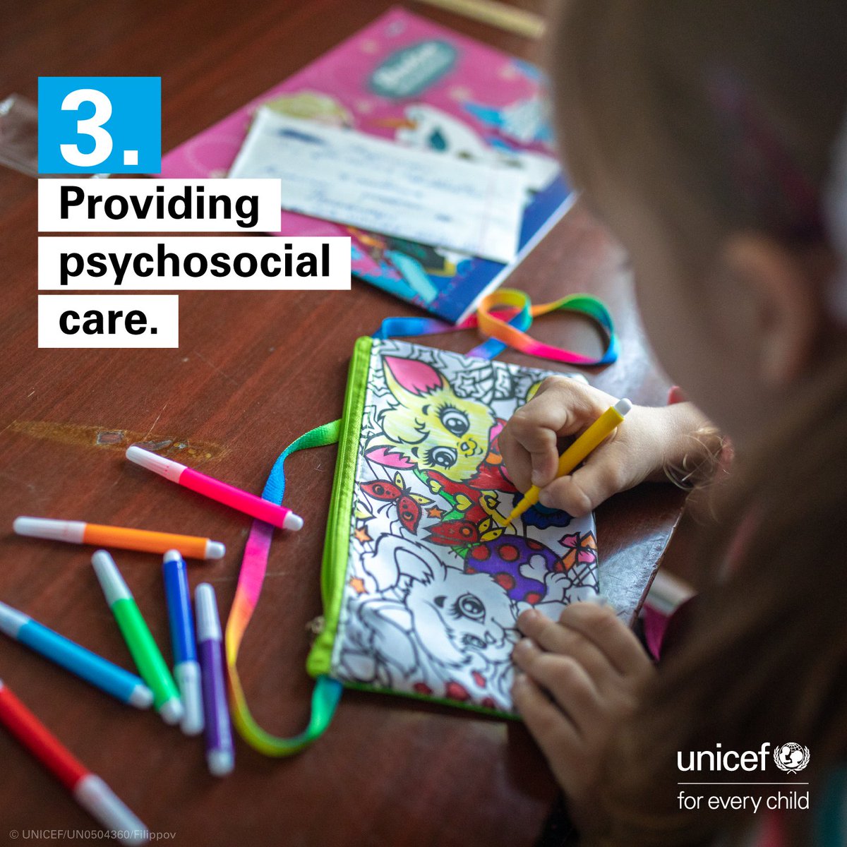 A girl colours in a pencil case with the caption: 'Providing psychosocial care.' 