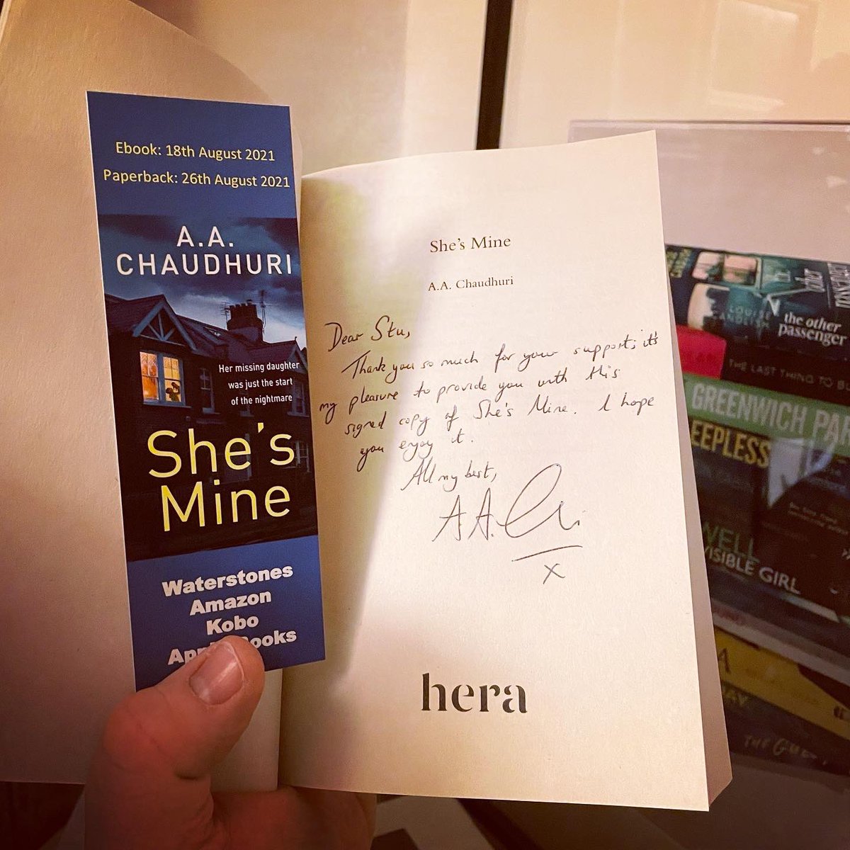 Thank you so much @AAChaudhuri for this lovely signed copy of #ShesMine 😍 I’ve heard SO many great things about this book and I cannot wait to read it! I LOVE the bookmark too 🙌🙌❤️