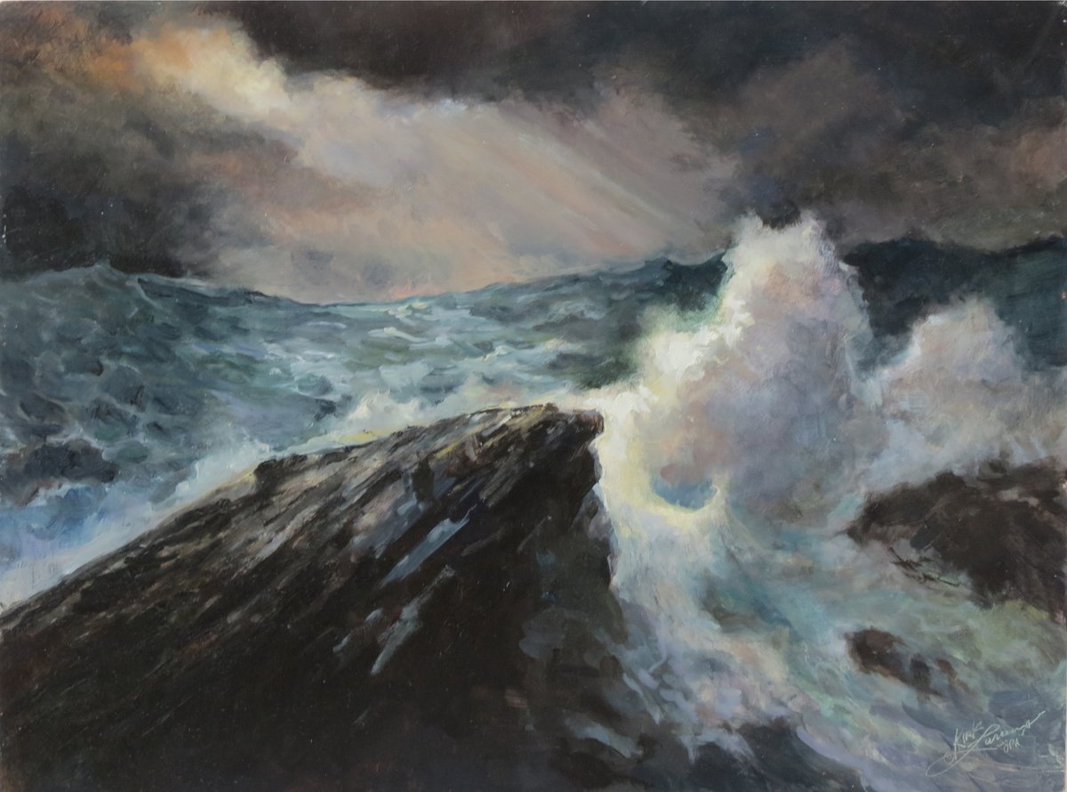"Light amidst the turbulent sea" Kirk Larsen oils 18x24. Available #kirklarsenart #kirklarsenfineart #oilpainting #seascape #maritimeart #nauticalart #waves #surf