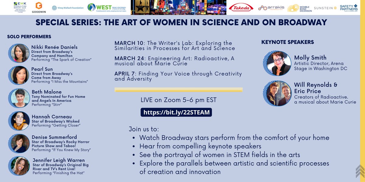 WESTorg's tweet photo. Join us for a lighthearted hour to lift your spirits &amp; beat the winter blues. To honor #WomensHistoryMonth, attend a @WESTorg series featuring theater directors, actors, &amp; playwrights discussing their work &amp; exploring the parallels between scientific &amp; artistic innovation.
#STEAM https://t.co/rAPr94JBOB